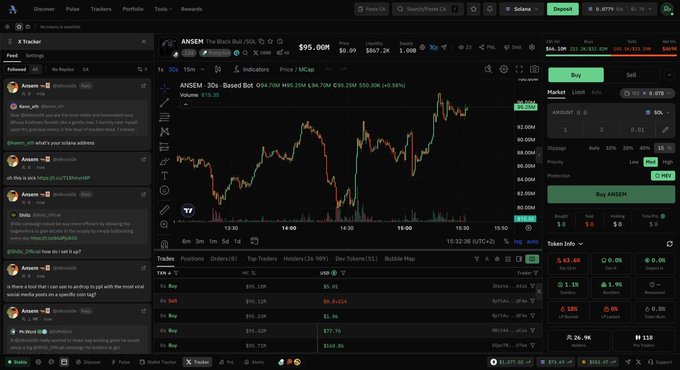 A trading interface shows the ANSEM token charting at $95.00M market cap with a green candlestick chart, alongside a chat panel referencing "basedbot.app/r/qcc" and an air-drop notification mentioning "$5.05" balance, corroborating the post's announcement that ANSEM holders received airdrop tokens worth approximately $200 per wallet via the Based Bot app.