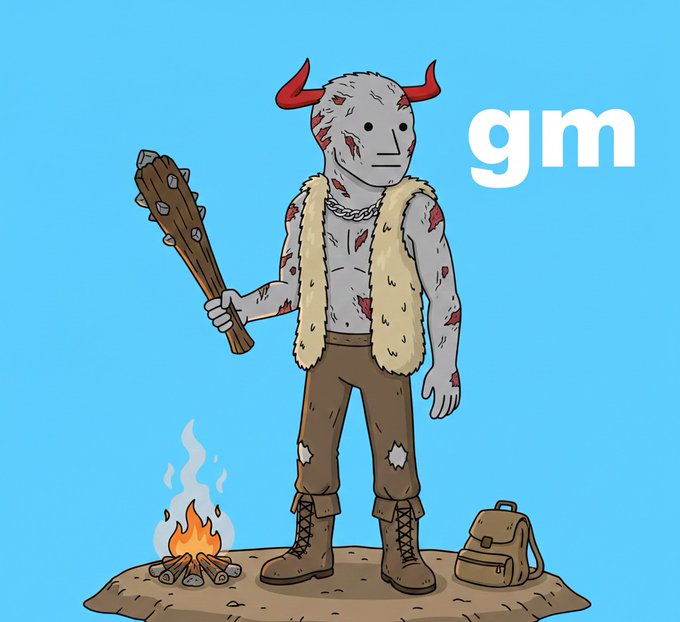 A cartoon illustration of a horned demon-like figure with red horns, blood splatters, and a fur vest holding a spiked club next to a campfire, with the text 'gm' in the corner—a common crypto greeting.