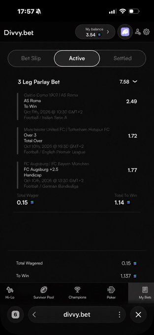 A screenshot of the Divvy.bet sports betting app showing an active '3 Leg Parlay Bet' with selections from Serie A, English Premier League, and Bundesliga, totaling 0.15 wagered to win 1.157.