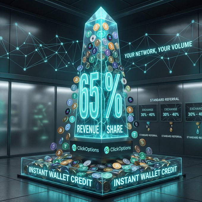 A promotional graphic for ClickOptions featuring a glowing crystal centerpiece displaying '65% REVENUE SHARE' surrounded by cryptocurrencies, with text including 'YOUR NETWORK, YOUR VOLUME', 'INSTANT WALLET CREDIT', and 'STANDARD REFERRAL'.