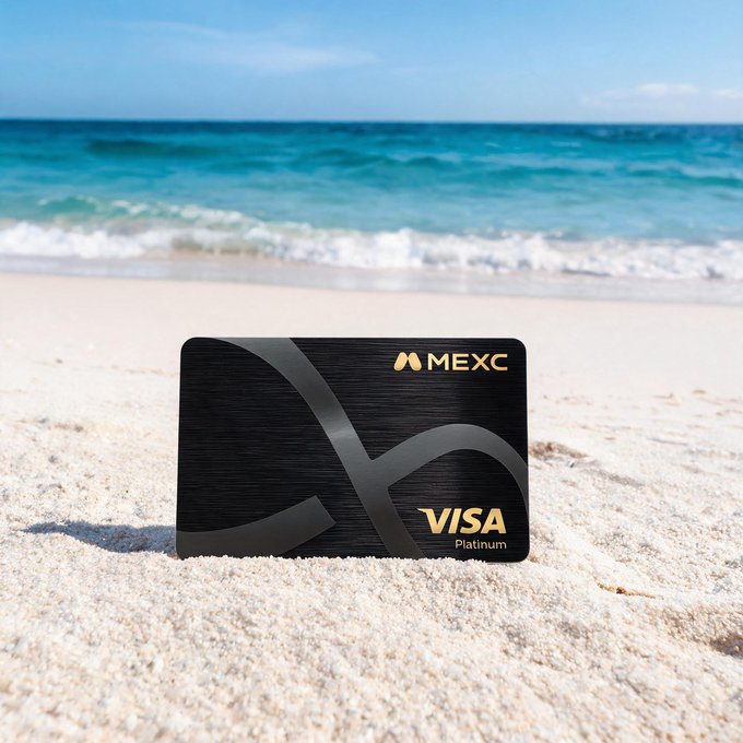 A black MEXC Visa Platinum credit card standing upright in white sand on a beach with blue ocean water and waves in the background.