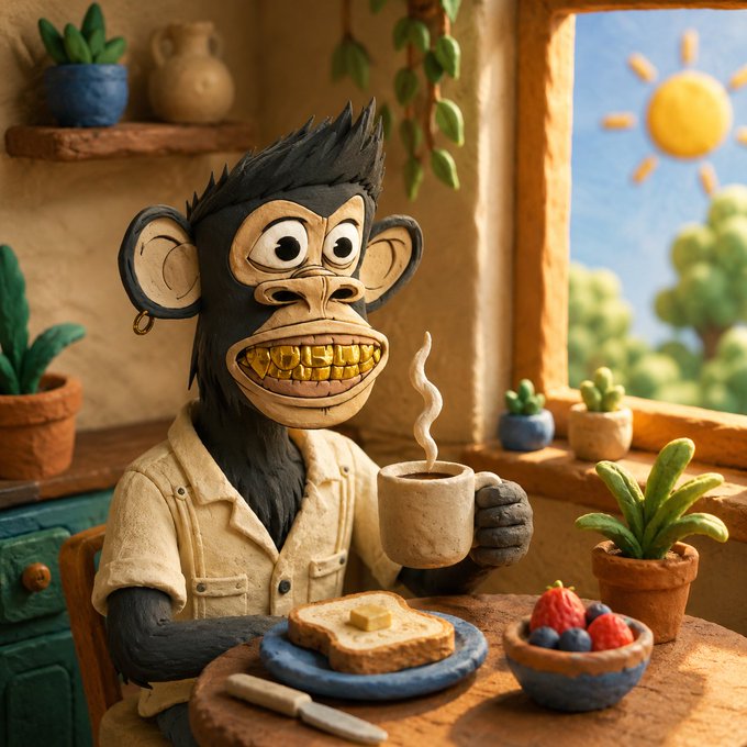 A 3D-style illustration of a Bored Ape Yacht Club-style character with gold teeth, holding a steaming mug, sitting at a table with toast and berries in a rustic room.