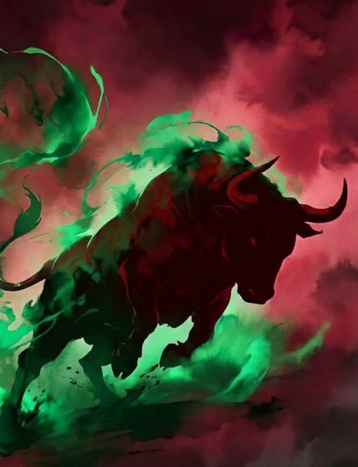 A dramatic digital illustration of a dark bull silhouette charging forward, surrounded by swirling green and crimson red smoke against a dark background.