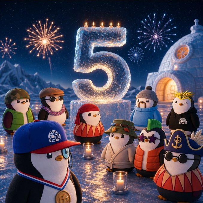 AI-generated celebratory image of cartoon penguins in winter attire gathered around a large ice sculpture of the number '5', with fireworks and an igloo in the background.