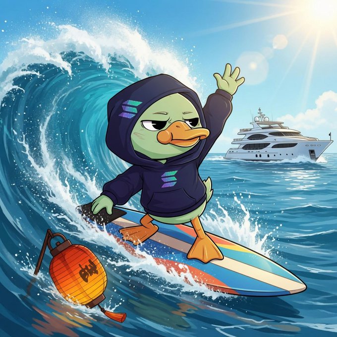 The image features a cartoon duck wearing a hoodie while riding a surfboard, with a boat visible in the background. The text in the image reads "Good Evening Legends! Wallchain red days just shows who is the real quacker and who is just a fake one. When @wallchain account got suspended, we've received a lot of FUD and Quack Heads NFT holders suffers the most. I hold 16 of them and even my cheapest buy is down like". The cartoon duck appears to be waving at the viewer as it surfs on the waves in front of the boat.