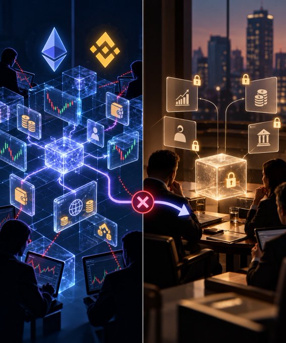 A split illustration contrasts a complex blue blockchain-style network with a simpler gold secure-account system in an office setting.