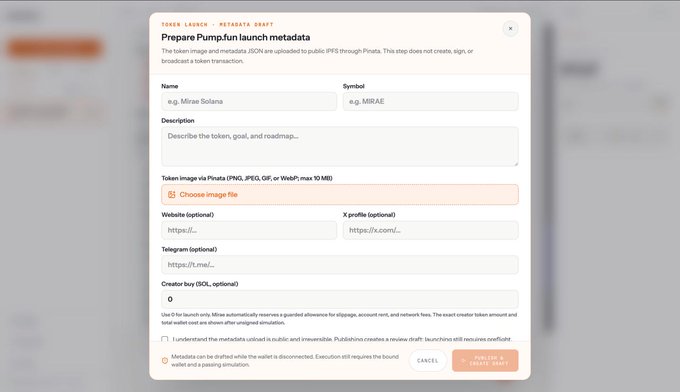 A screenshot of a token launch metadata draft form on Pump.fun for a token named 'Mirae Bolana' with symbol 'MIRAE', including fields for description, image, website, X profile, and Telegram.