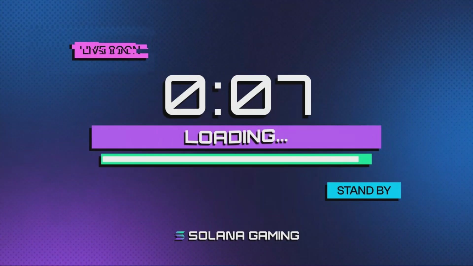 The image features a poster or banner that displays the time as 0:07, indicating that there is an ongoing loading screen for a game called "Live with @Rosentica for Launch Day Solana Collectibles Supercycle". The background of the poster has a blue and purple color scheme, which complements the purple text on the image. The main focus of the image is the time displayed in white text at the bottom right corner, along with the words "LIVE WITH @ROSENTICA FOR Launch Day Solana Collectibles Supercycle".