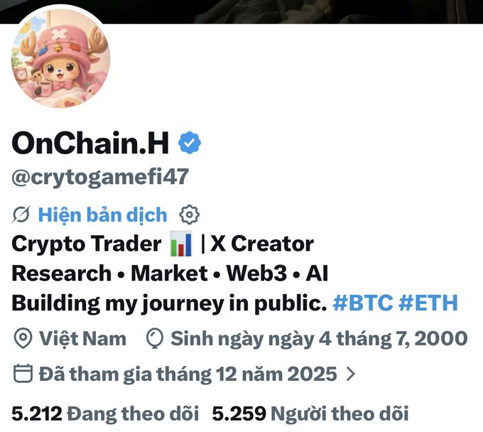 A Twitter/X profile screenshot for "OnChain.H" (@crytogamefi47), a Crypto Trader and X Creator based in Vietnam with 5,259 followers and 5,212 following, celebrating the milestone mentioned in the accompanying post about reaching 5K followers in 24 days.