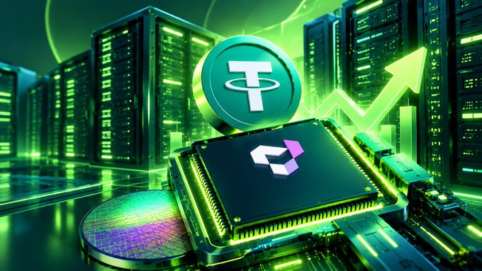 A glowing green-and-black crypto-themed illustration with server racks, a central processor bearing an abstract logo, a large Tether-style coin marked with a “T,” and an upward-trending arrow.