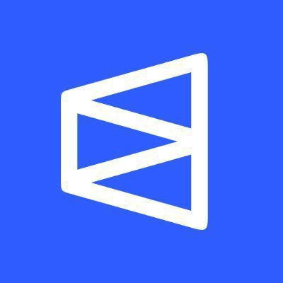 A minimalist blue icon depicting a stylized white envelope or paper plane-like symbol with geometric triangular shapes.
