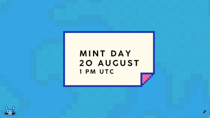 A pixel-art style graphic announcing 'MINT DAY 20 AUGUST 1 PM UTC' on a blue background with small boat icons.