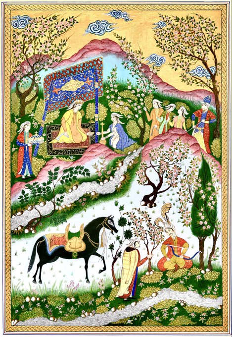 A traditional Persian or Mughal-style miniature painting showing a royal court scene with figures in elaborate dress beneath a decorated canopy, a saddled black horse, and lush flowering gardens with birds and trees.