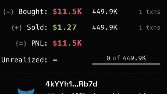 A screenshot of cryptocurrency transaction details showing a token with a bought cost of $11.5K and sold for $1.27, resulting in a PNL loss of $11.5K for 449.9K tokens.