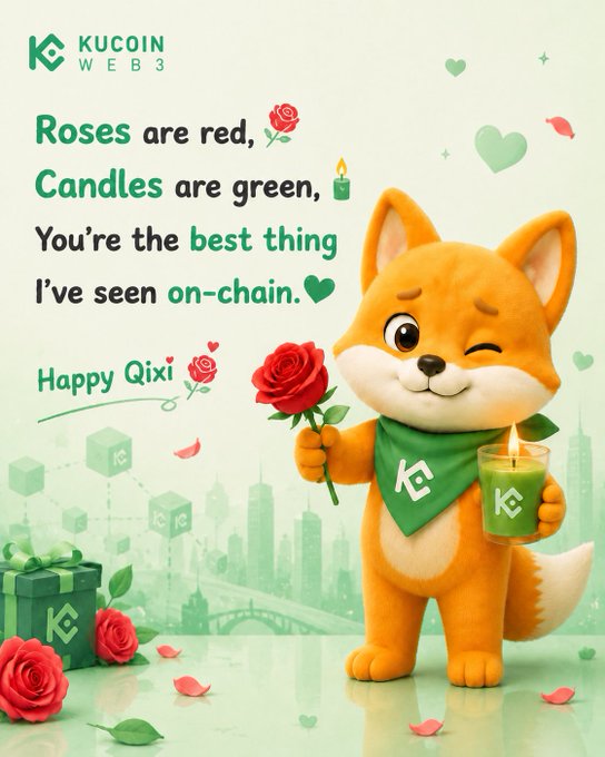 KuCoin Web3's mascot, an orange fox wearing a green bandana and holding a red rose and a green candle, celebrates Qixi (Chinese Valentine's Day) with the message "Roses are red, candles are green, you're the best thing I've seen on-chain. Happy Qixi." The image ties into the post's theme of "something worth holding long term" by presenting itself as a romantic, on-chain love letter to the user.