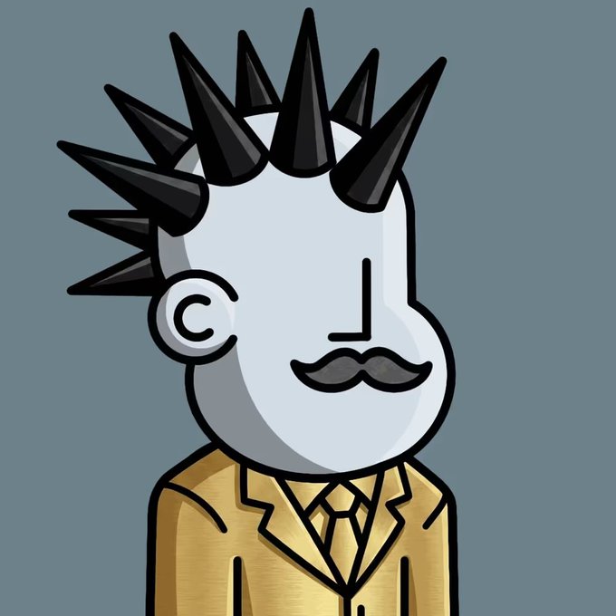 The image features a cartoon character, possibly a man or a boy, wearing a suit and tie while sporting spiky hair styled like spikes from a rock band member's hairstyle. The character has a mustache and beard, giving him a unique appearance. The caption "Added a @npconchain to my Danger hair collection" suggests that the image is related to a post on social media or a personal collection of images featuring characters with distinctive features.