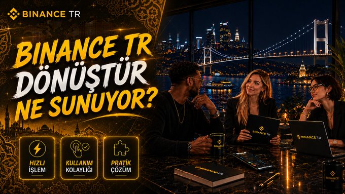 A group of people are gathered at a table with laptops and phones, all displaying the Binance TR logo, set against a backdrop of a brightly lit bridge and cityscape at night. The banner on the left reads "BINANCE TR DÖNÜŞTÜR NE SUNUYOR?" alongside icons labeled "HIZLI İŞLEM" (Fast Transaction), "KULLANIM KOLAYLIĞI" (Ease of Use), and "PRATİK ÇÖZÜM" (Practical Solution). The image visually reinforces the post's message by showcasing the Binance TR Convert feature as a user-friendly and practical trading solution.