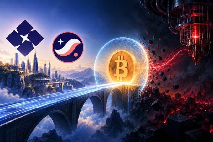A digital artwork featuring a glowing Bitcoin coin in the center with a protective energy shield, flanked by logos for blockchain projects, set against a dramatic fantasy landscape with a futuristic city and dark red stormy elements.