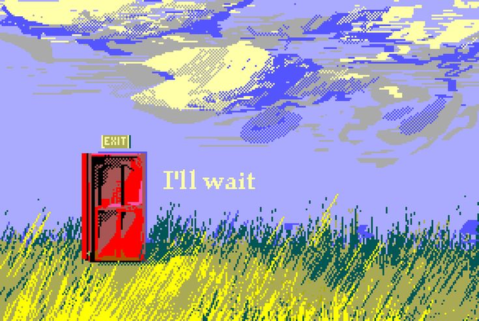 A pixel art landscape shows a grassy field under a blue sky with blocky clouds. In the middle of the field stands a red, damaged phone booth labeled 'EXIT' with the text 'I'll wait' next to it.