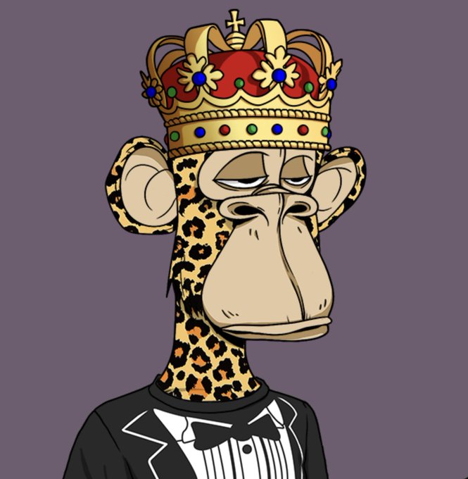 A bored-looking cartoon ape with leopard spots on its head wears a jeweled golden crown topped with a cross and a black tuxedo with bow tie. The image is a Bored Ape Yacht Club (BAYC) NFT-style character, cleverly depicted with a unimpressed expression matching the post's tongue-in-cheek request to "fud" (spread fear, uncertainty, and doubt) the NFT collection in order to lower its price for a cheaper purchase.