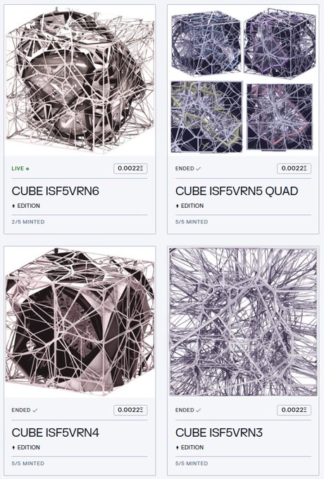 A gallery of NFT artwork showing wireframe cube sculptures labeled CUBE ISF5VRN6, CUBE ISF5VRN5 QUAD, CUBE ISF5VRN4, and CUBE ISF5VRN3, each priced at 0.0022 ETH with edition counts.