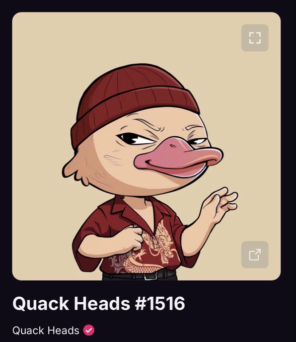 An NFT artwork titled 'Quack Heads #1516' from the Quack Heads collection, depicting a cartoon character with a duck bill wearing a red beanie and dragon-print shirt.
