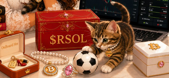 A tabby kitten with a pearl necklace plays with a soccer ball next to a red '$RSOL' jewelry box, with Bitcoin-themed jewelry and a trading chart in the background.