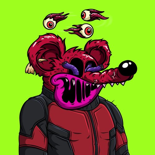 A cartoon illustration of a grotesque red furry character with a wide toothy grin, long snout, and floating eyeballs with tentacle-like attachments, set against a bright green background.