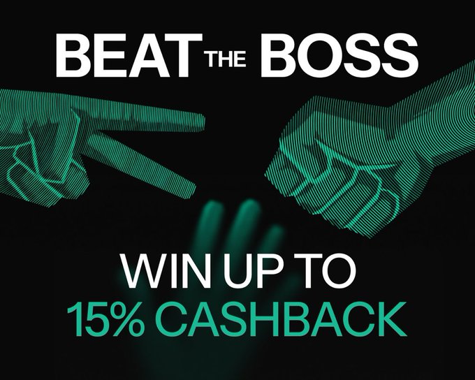A promotional graphic with a dark background featuring two hands rendered in green scanline style—one pointing and one in a fist—with text reading 'BEAT THE BOSS' and 'WIN UP TO 15% CASHBACK'.