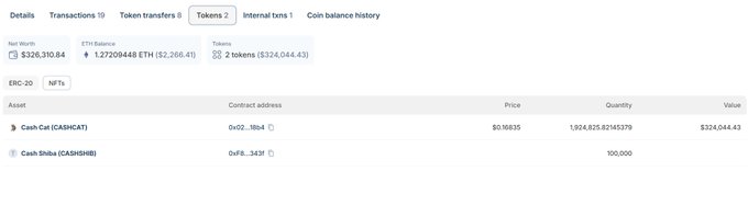A screenshot of a crypto wallet tracking page displays token holdings, highlighting a $326,310.84 net worth with 1,924,825.82 CashCat (CASHCAT) tokens worth $324,044.43, corroborating the post's mention of someone spending over $300k on CASHCAT within a few hours.