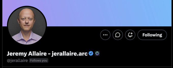 A Twitter profile header for **Jeremy Allaire (@jerallaire)**, showing his name, a verified blue checkmark, and a "Following" button, which the post references as they urge others to follow him.