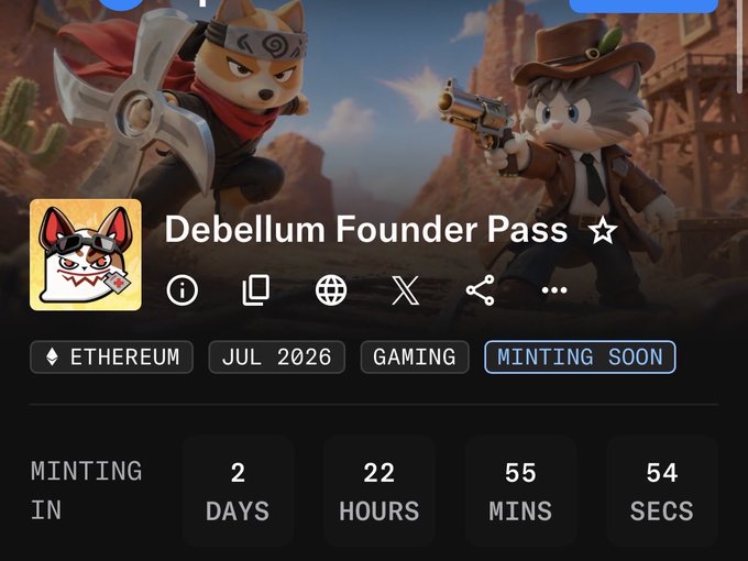 Promotional page for the 'Debellum Founder Pass' NFT collection, tagged with Ethereum, Jul 2026, Gaming, and 'Minting Soon', featuring two cartoon cats—one as a ninja and one as a cowboy—and a countdown timer showing 2 days, 22 hours, 55 minutes, 54 seconds until minting.