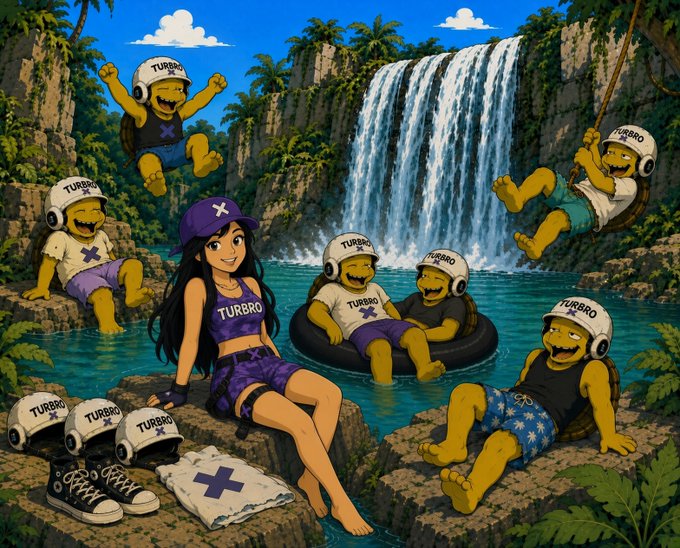 An anime-style illustration shows a girl in a purple 'TURBRO' outfit sitting by a jungle waterfall, surrounded by yellow characters wearing 'TURBRO' helmets, with merchandise like hats and a shirt scattered nearby.