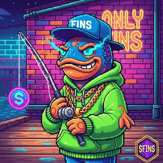 The image features a cartoon fish wearing a green hoodie, blue hat, and holding a fishing rod with a fake fish attached to it. The background includes a brick wall and neon lights, creating an urban atmosphere. The caption of the image reads "Only Fins $FINS Liveon pumpfun @Pumpfun @toly @CryptoGodJohn Solana Ca; F9tVsZncsFg8ZaY5bhuwPc94XPsmReThwNn9C8oFpump".