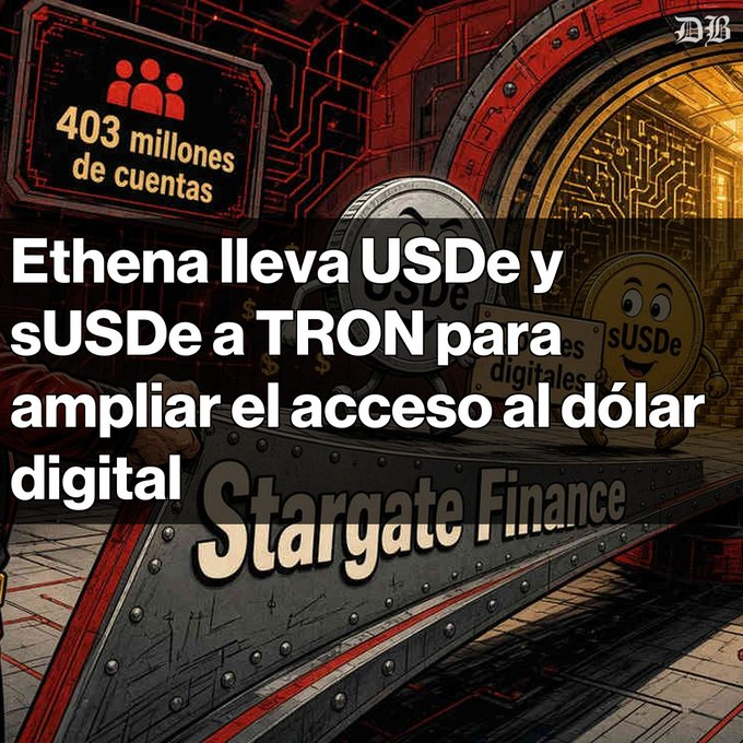 A Spanish-language crypto news graphic titled 'Ethena lleva USDe y sUSDe a TRON para ampliar el acceso al dólar digital,' featuring a vault illustration with USDe and sUSDe coin characters and a badge reading '403 millones de cuentas Stargate Finance.'