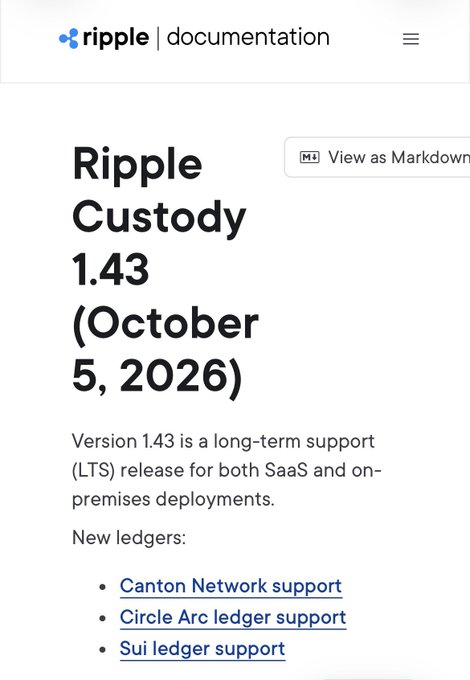 Screenshot of Ripple's documentation page announcing Custody version 1.43 (October 5, 2026), a long-term support release that adds new ledger integrations for Canton Network, Circle Arc, and Sui. The page header displays the Ripple documentation branding with a menu icon, and the announcement highlights these three new ledger supports as featured additions.