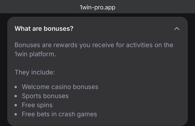 A FAQ section on the 1win-pro.app website explains that bonuses are rewards for platform activities, including welcome casino bonuses, sports bonuses, free spins, and free bets in crash games. This relates to the accompanying post by highlighting the types of bonuses new users can expect, such as the mentioned 600% welcome bonus and free spins with crypto deposits.