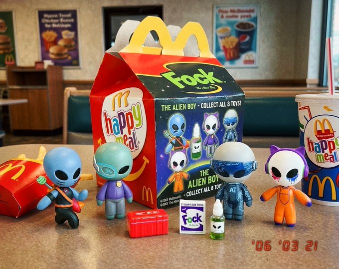 A McDonald's Happy Meal box collaboration with 'F*ck The Alien Boys' containing alien-themed toy figurines, displayed on a McDonald's table with fries and a drink, dated '06 03 21'.