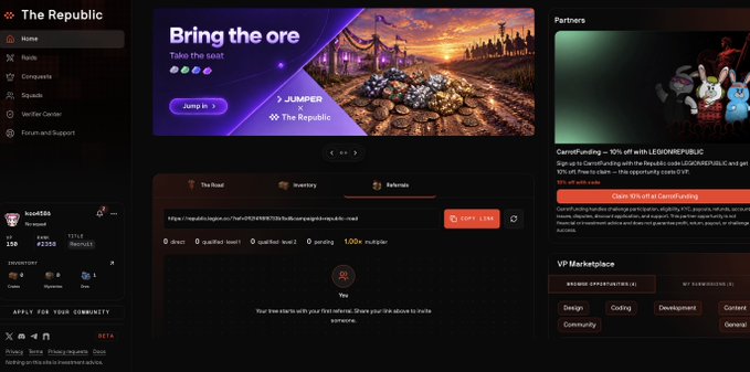 A website homepage for 'The Republic' featuring a 'Bring the ore' banner, community statistics on the left, and a referral link section.