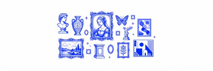 A blue monochromatic illustration featuring classical art objects including a bust of a statue, an ornate vase, the Mona Lisa in a frame, a butterfly, a winged figure, and various framed paintings arranged on a white background.