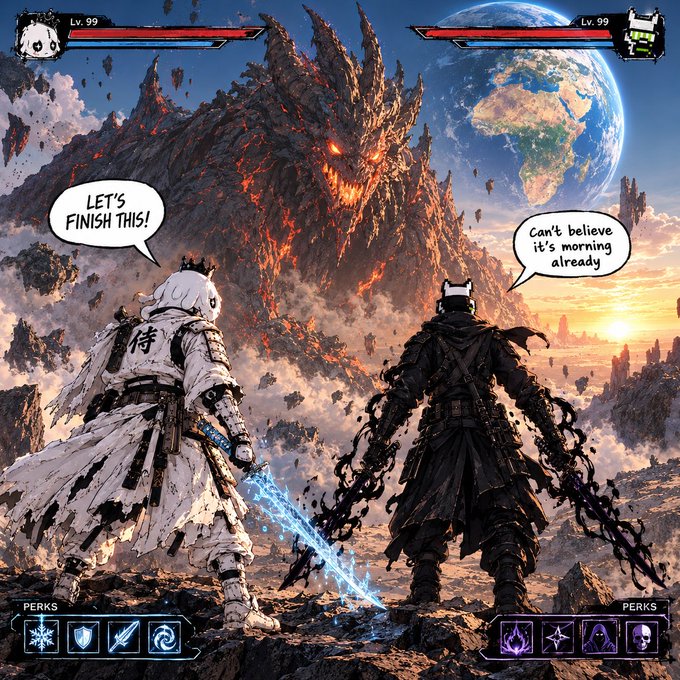 A video game-style illustration showing two characters facing a giant lava monster, with one saying 'LET'S FINISH THIS!' and the other replying 'Can't believe it's morning already.'