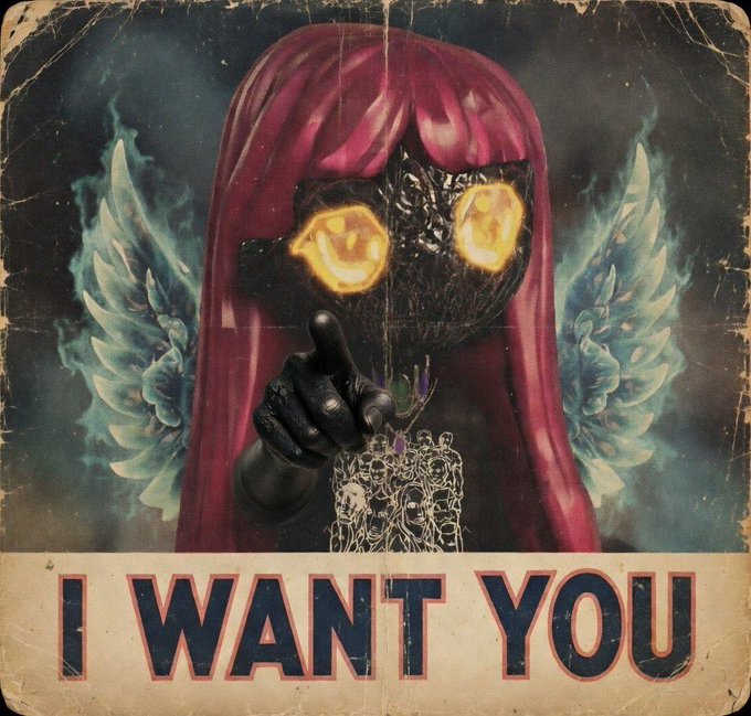 A weathered propaganda-style poster featuring a horned, dark-faced figure with glowing yellow eyes pointing forward, with the text 'I WANT YOU' displayed prominently at the bottom.