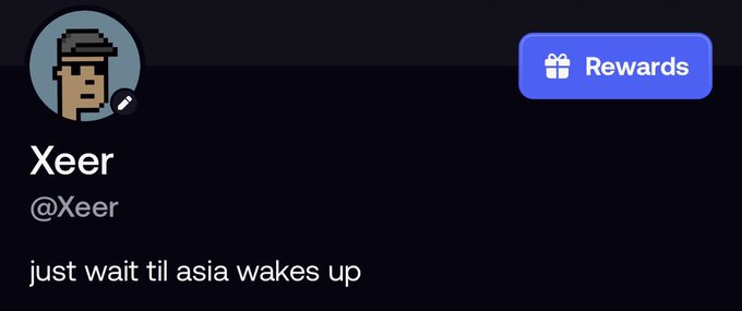 A screenshot of a social media profile for user 'Xeer' (@Xeer) with a pixel art avatar and a blue 'Rewards' button, showing the post 'just wait til asia wakes up'.