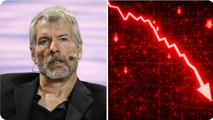 The image features Michael Saylor, the executive chairman of MicroStrategy (now Strategy Inc, ticker $MSTR), alongside a dramatic red stock chart showing a sharp downward trend, visually reinforcing the 7% drop in MSTR shares to $87.