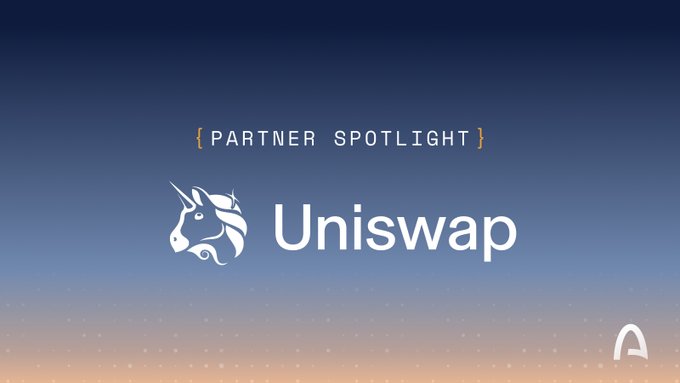 A graphic with a gradient sunset background displaying '{ PARTNER SPOTLIGHT }' and the Uniswap logo featuring a unicorn.