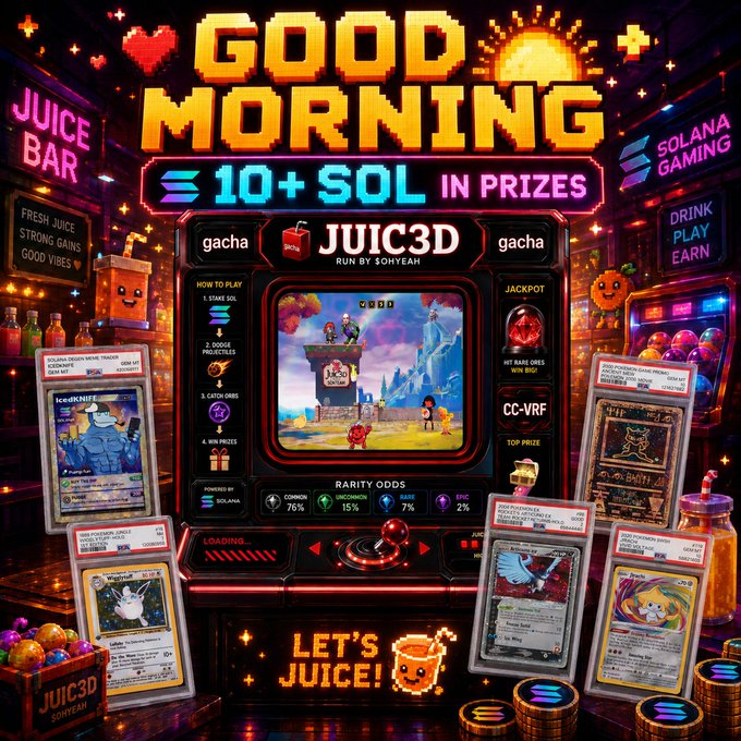 A colorful pixel-art advertisement for a 'GOOD MORNING' gacha promotion with '10+ SOL IN PRIZES' for 'JUIC3D' run by SOHYEAH, featuring Solana branding, juice characters, and various NFT cards.