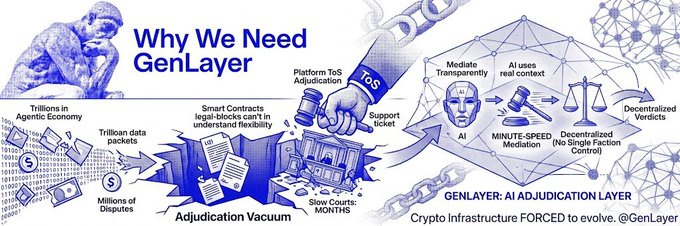 A promotional infographic titled 'Why We Need GenLayer' illustrating the 'Adjudication Vacuum' and 'GENLAYER: AI ADJUDICATION LAYER' as a crypto infrastructure solution for decentralized verdicts.