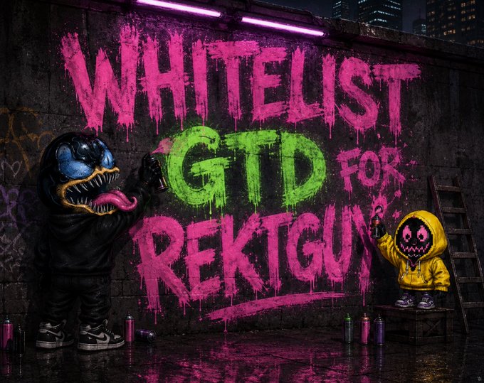 The image depicts a vibrant graffiti mural reading "WHITELIST GTD FOR REKTGUY," featuring two hooded cartoon characters—one black and one in a yellow hoodie—holding spray cans, visually announcing the whitelist guarantee event for Rektguy mentioned in the post.