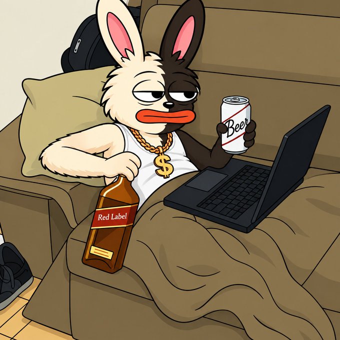 A cartoon rabbit lounges in bed with a "Red Label" bottle, a "Beer" can, and a laptop, appearing unimpressed—mimicking the lazy, low-effort vibe of the airdrop post, which ironically promises a 200,000 $BORO reward for nothing more than liking, retweeting, and sharing a SOL wallet address.