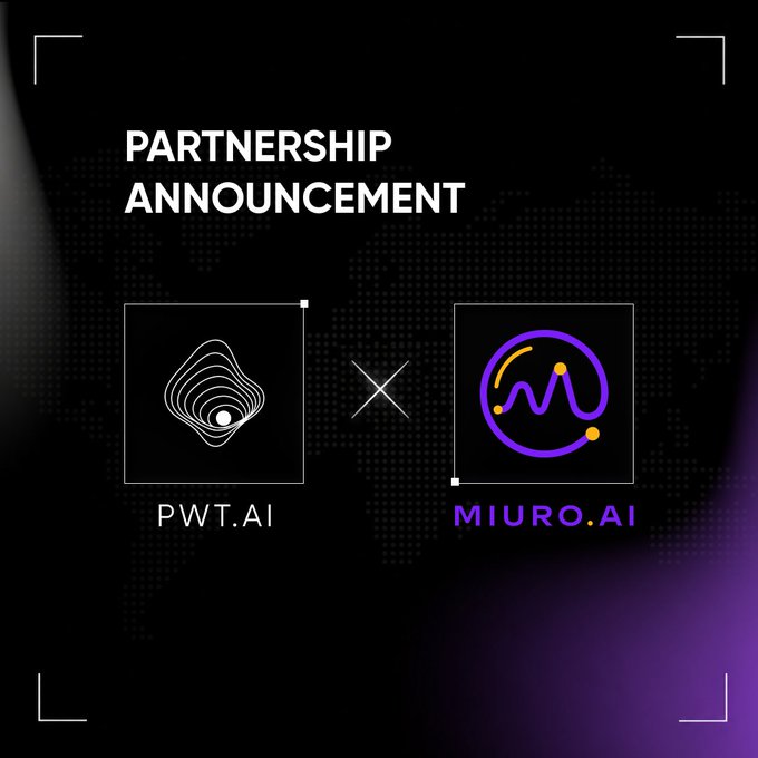 A black partnership announcement graphic displays the bold white text "PARTNERSHIP ANNOUNCEMENT" above two logos separated by an "X"—PWT.AI's white geometric layered icon on the left and MIURO.AI's purple and yellow circular waveform logo on the right, visually reinforcing the collaboration between the two AI-driven platforms highlighted in the announcement post.